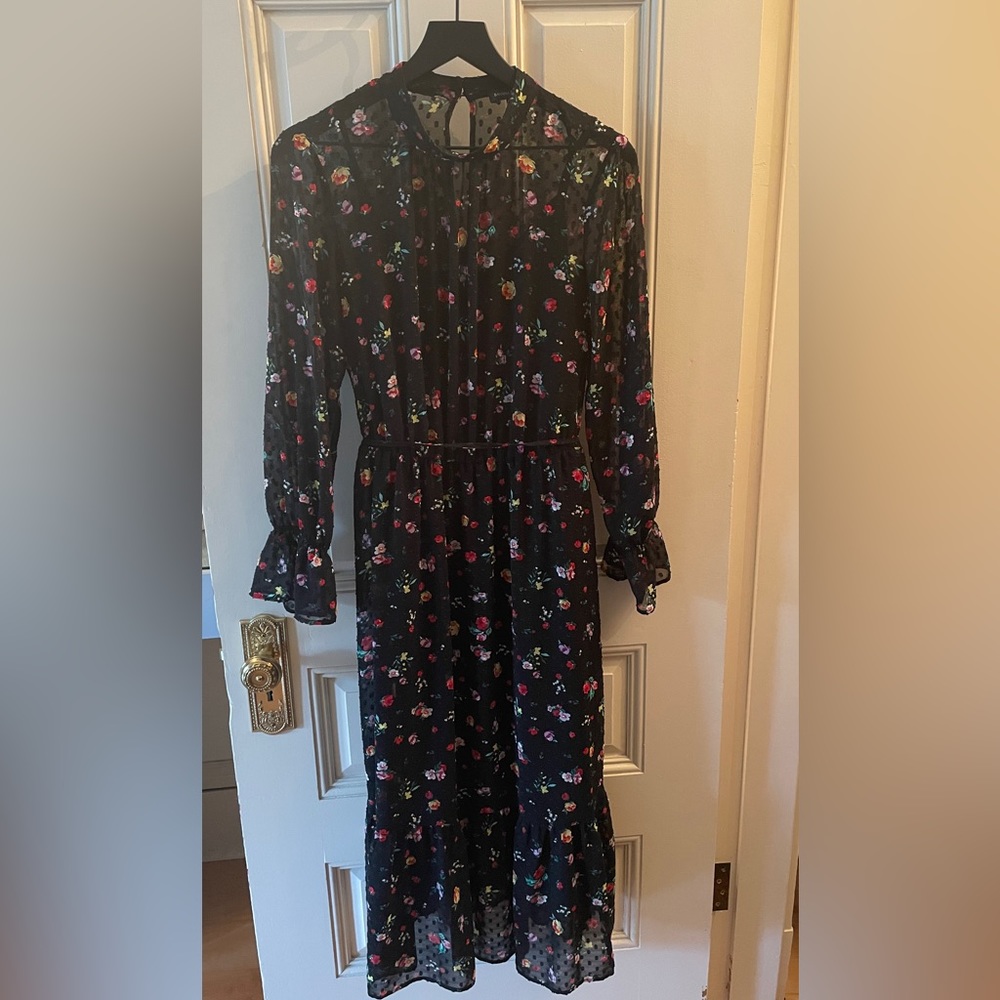 Black chiffon drop waist floral dress